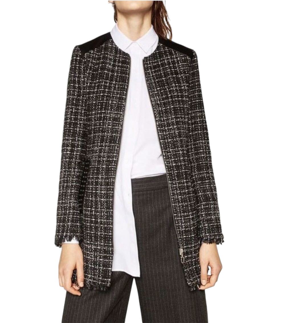 Zara Black Tweed Embellished Faux Leather Contrast Full Zip Coat
